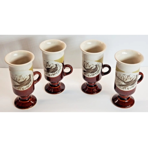 OTAGIRI Pheasants Pedestal Irish Coffee Footed Mugs 6 oz Vintage set of 4 - Picture 2 of 10